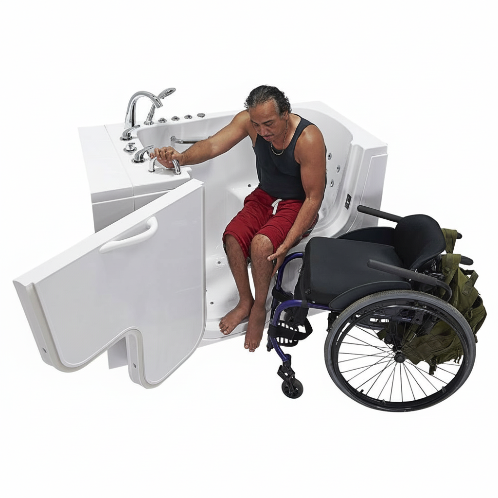 Man moving from a wheelchair into a transfer bathtub